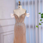 Luxury Nude Off Shoulder Beaded Tassel Evening Dress