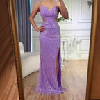Vestido de fiesta de lentejuelas moradas de lujo con abertura y cintura recortada LA73000