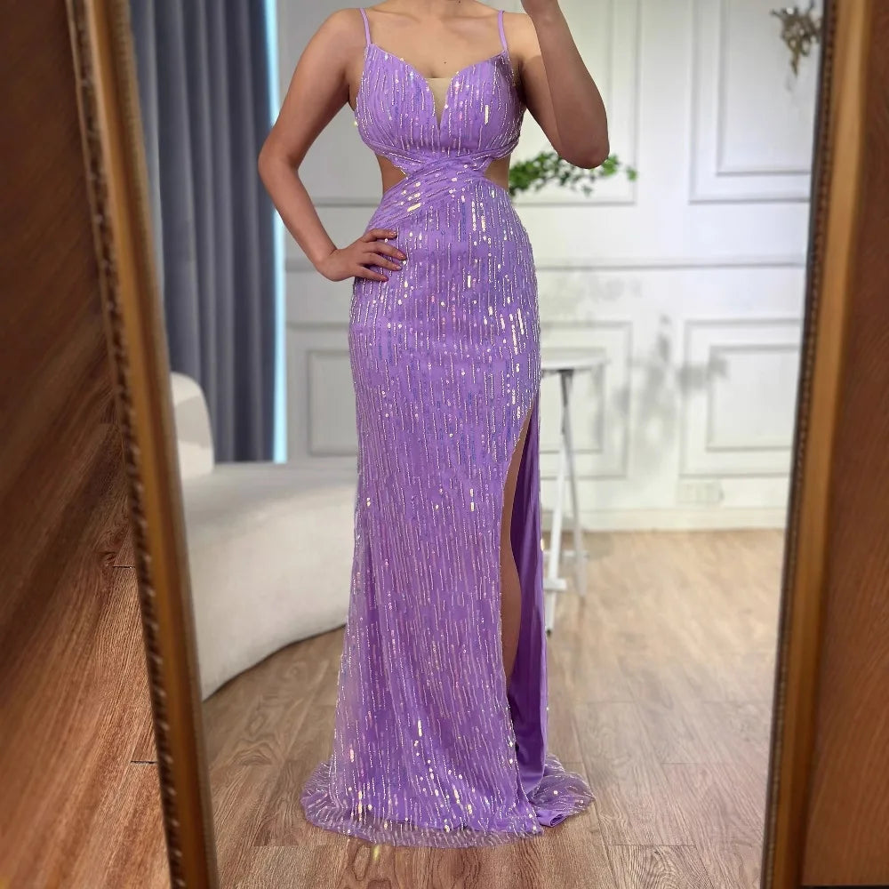 Vestido de fiesta de lentejuelas moradas de lujo con abertura y cintura recortada LA73000
