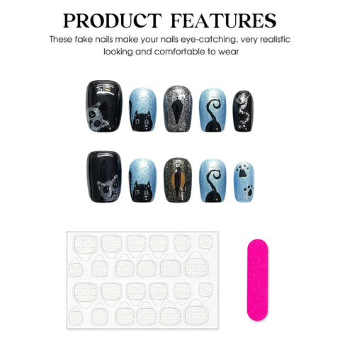 10 uñas postizas brillantes en azul y negro, hechas a mano, cortas, cuadradas, con diseño de gato, pintadas a mano. 