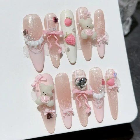 10pcs Shimmry Gold Cat's Eye Press On Nails Peach Pink French Pearl Skirt Hem Bowknots Handmade False Nail Long Almond Fake Nail