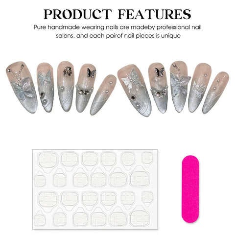 10pcs Handmade Long Almond False Nails Glitter Cat's Eye Press On Nails With Matal Butterfly Diamond Decor French Style Manicure