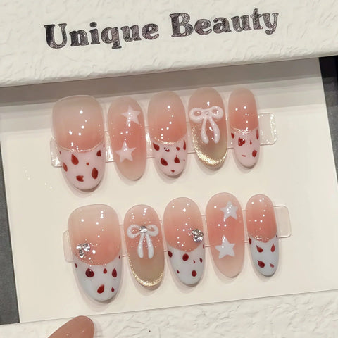 10pcs Cute Short Almond Press On Nails White Edge Leopard Print French Style Handmade False Nails Bowknots Star Blush Fake Nail