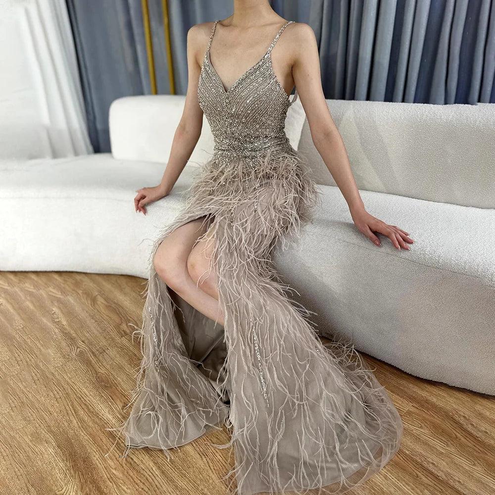 Serene Hill Arabic Black Spaghetti Strap Split Feathers Beaded Mermaid Evening Dresses Gownsfor Women Wedding Party 2024 LA70623
