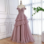 Luxuriöses rosa, verträumtes Abendkleid mit Rüschen und Perlen in A-Linie LA73385
