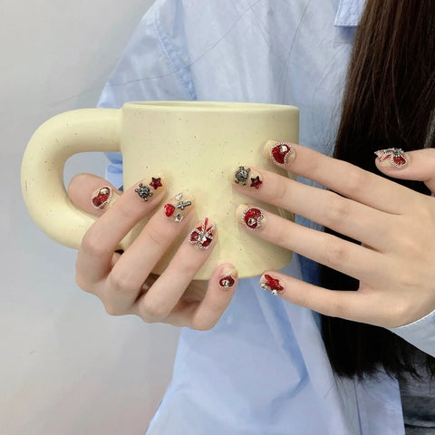 10pcs Sweet Korean Fake Nail Patches Handmade Red Love Heart Bowknots Metal Skull Press On Nails Wearable False Nail Tips Art