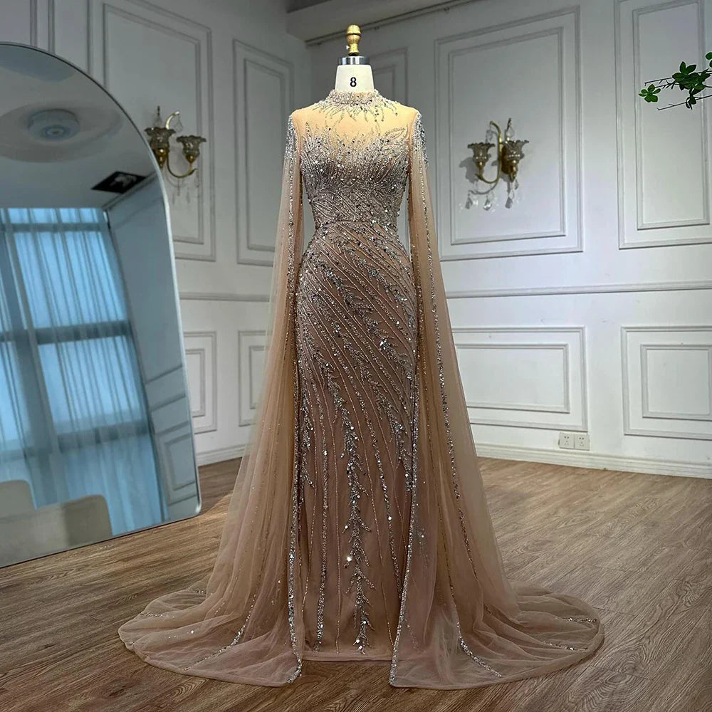 Luxury Nude Mermaid Evening Dress with Cape Sleeves
