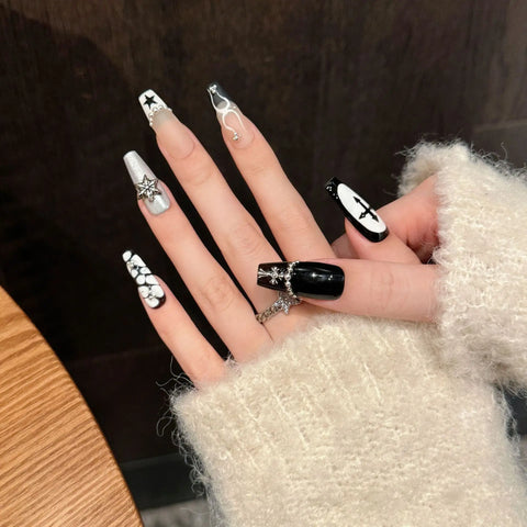 10pcs Y2k Black French Press On Nails Handmade Crocodile Pattern Five-point Star False Nails Metal Punk Style DIY Manicure Art