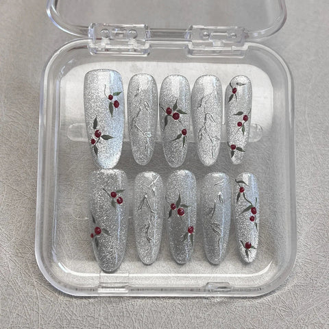 10pcs Handmade Sliver Fake Nails Long Almond Flash Cat's Eye Press On Nails Hand Painted Cherry Designs False Nail For Women