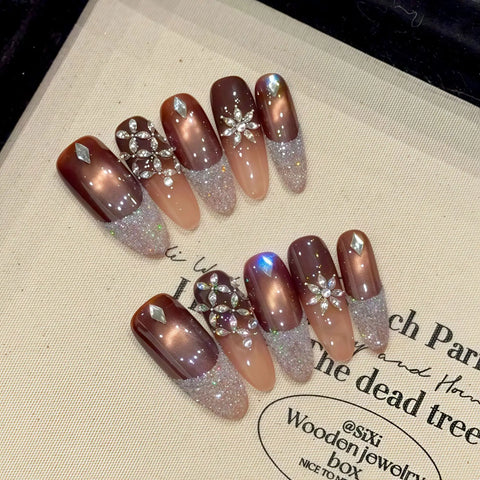 10pcs Handmade Press On Nails Purple Frosted Snown Shape Diamond Decor False Nails Miedium T French Style Fake Nail Patches