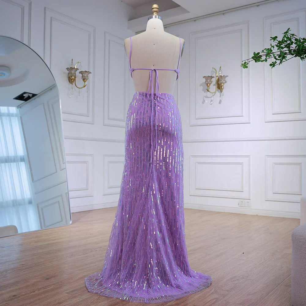 Vestido de fiesta de lentejuelas moradas de lujo con abertura y cintura recortada LA73000