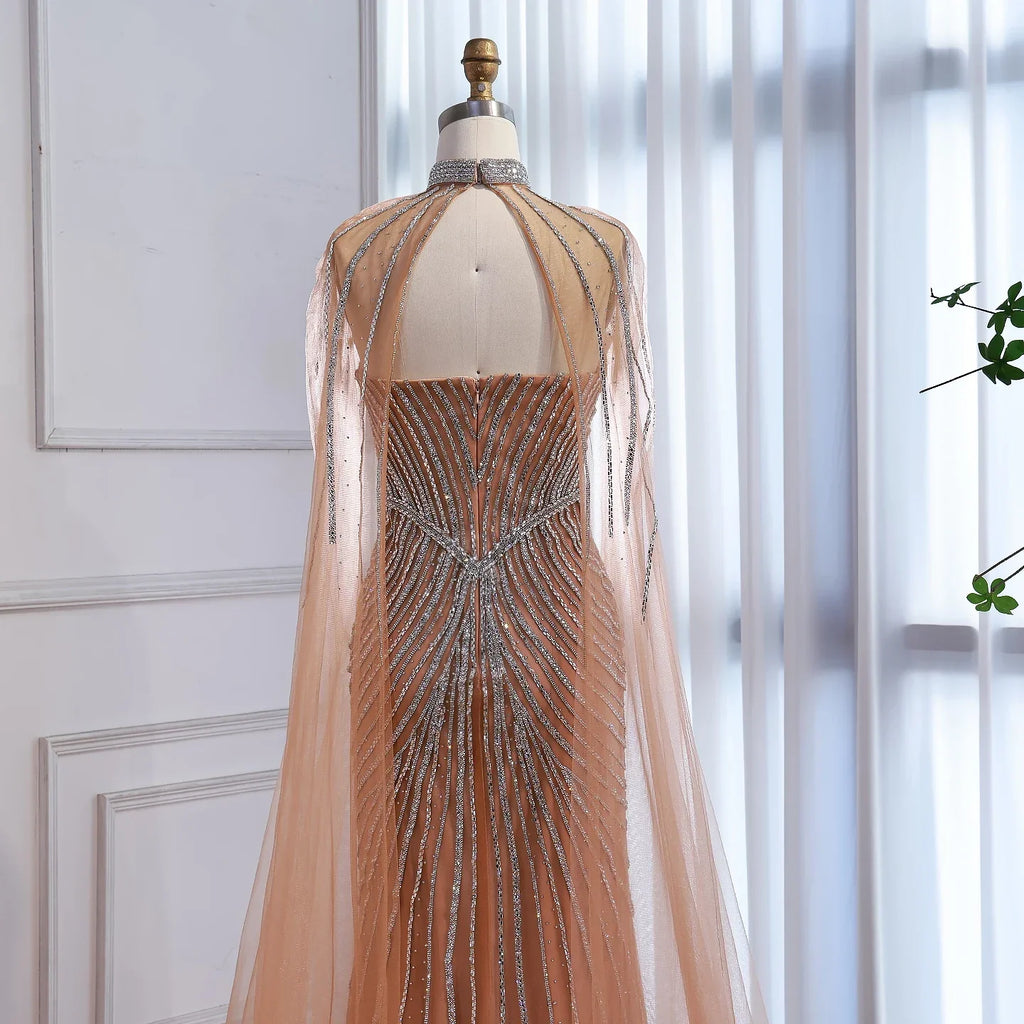 Luxury Nude Mermaid Evening Dress with Cape Sleeves