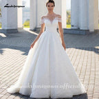 Vestido de novia NumberSea con hombros descubiertos, elegante vestido de novia de corte A con encaje brillante y pliegues ilusión, mangas cortas 