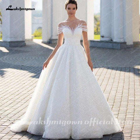 NumberSea Sparkling Off-The-Shoulder Wedding Dress Elegant Glitter Lace A-Line Bridal Gown with Illusion Pleats Short Sleeves