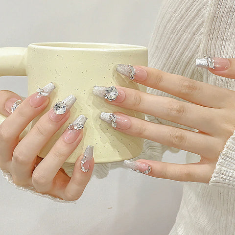 10pcs Handmade Press On Nails Flash Cat's Eye Nude Color Fake Nail Patches French Style Glossy Rhinestone Decor Fake Nail Tips