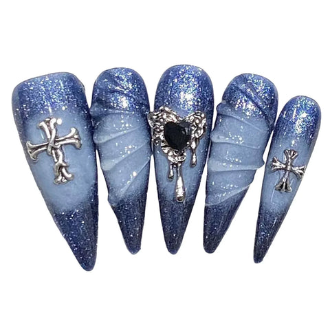 10pcs Flash Blue Press On Nails Handmade Long Stiletto False Nail Tips With Metal Heart 3D Water Ripple Designs Fake Nail Art