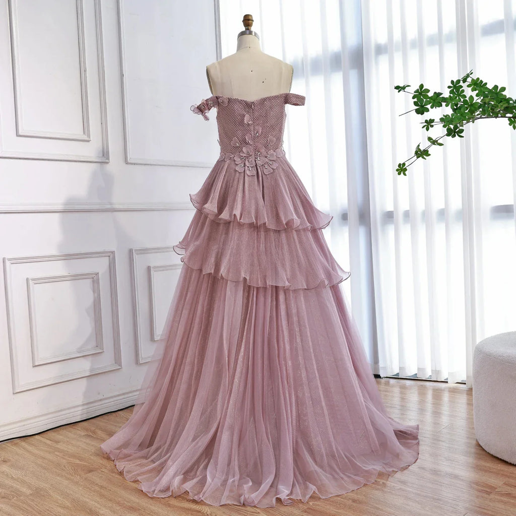 Luxuriöses rosa, verträumtes Abendkleid mit Rüschen und Perlen in A-Linie LA73385