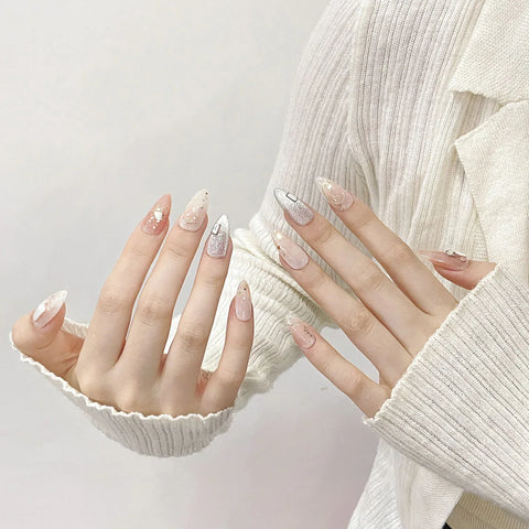 10pcs Handmade Almond Fake Nail Tips Glitter Almond Cat's Eye Press On Nail Glossy Rhinestone Sequins Designs False Nails Art