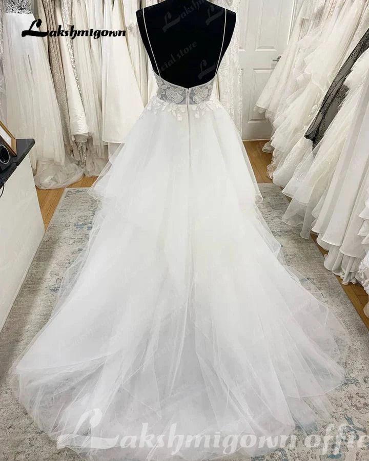 Vestido de novia NumberSea con tirantes finos, escote en V escalonado, estilo princesa, de tul, sin espalda y con cremallera 