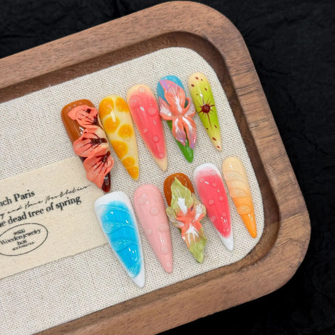 10pcs Tropical Flower Handmade Press On Nails Colorful Blossom Summer Day Dopamine False Nails Long Stiletto Sweet Cool Manicure
