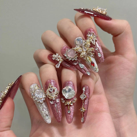 10pcs Romantic Flash Pink Handmade False Nails Luxury Full Shiny Crystal Rhinestone Press On Nails Spicy Girl Fake Nail Wearable