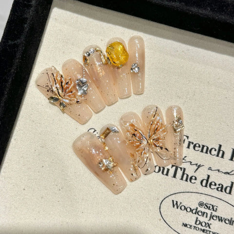 10pcs Handmade Autumn Press On Nails Mid-length Ladder Gold Foil Flower Tips Fake Nail White French Style False Nail For Women