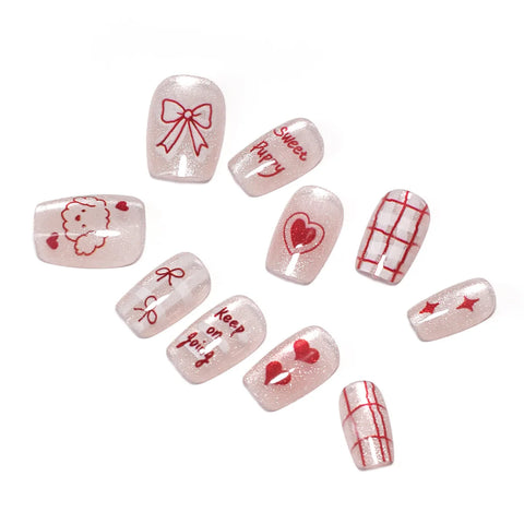 10pcs Kawaii Dog Handmade Fake Nails Clitter Cat's Eye Red Bowknots Love Heart Pattern Press On Nails Cute Charming False Nail
