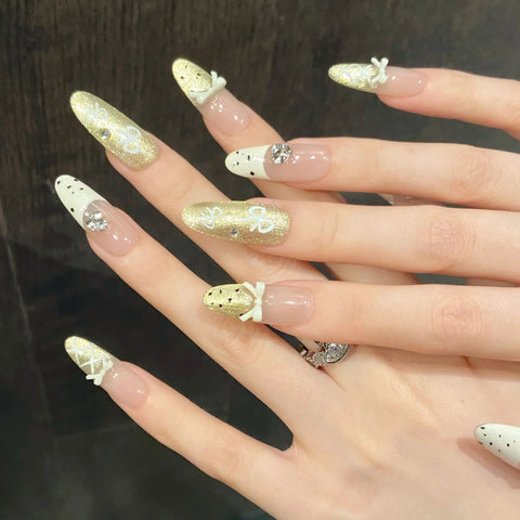 10pcs Handmade Press On Nails Kawaii Almond White French Bowknots Decor Fake Nails Shiny Gold Powder Cat Eye Sweet False Nail