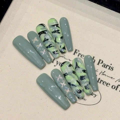 10pcs Long Coffin Army Green False Nail Patches Ballerina Spring Summer Wearable Handmade Press On Nails Full Cover Manicure Art