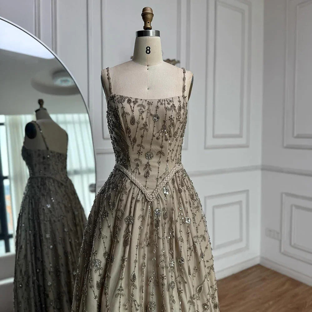 Luxury Sage Green Beaded A-Line Spaghetti Strap Evening Dress