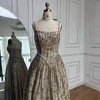 Luxury Sage Green Beaded A-Line Spaghetti Strap Evening Dress