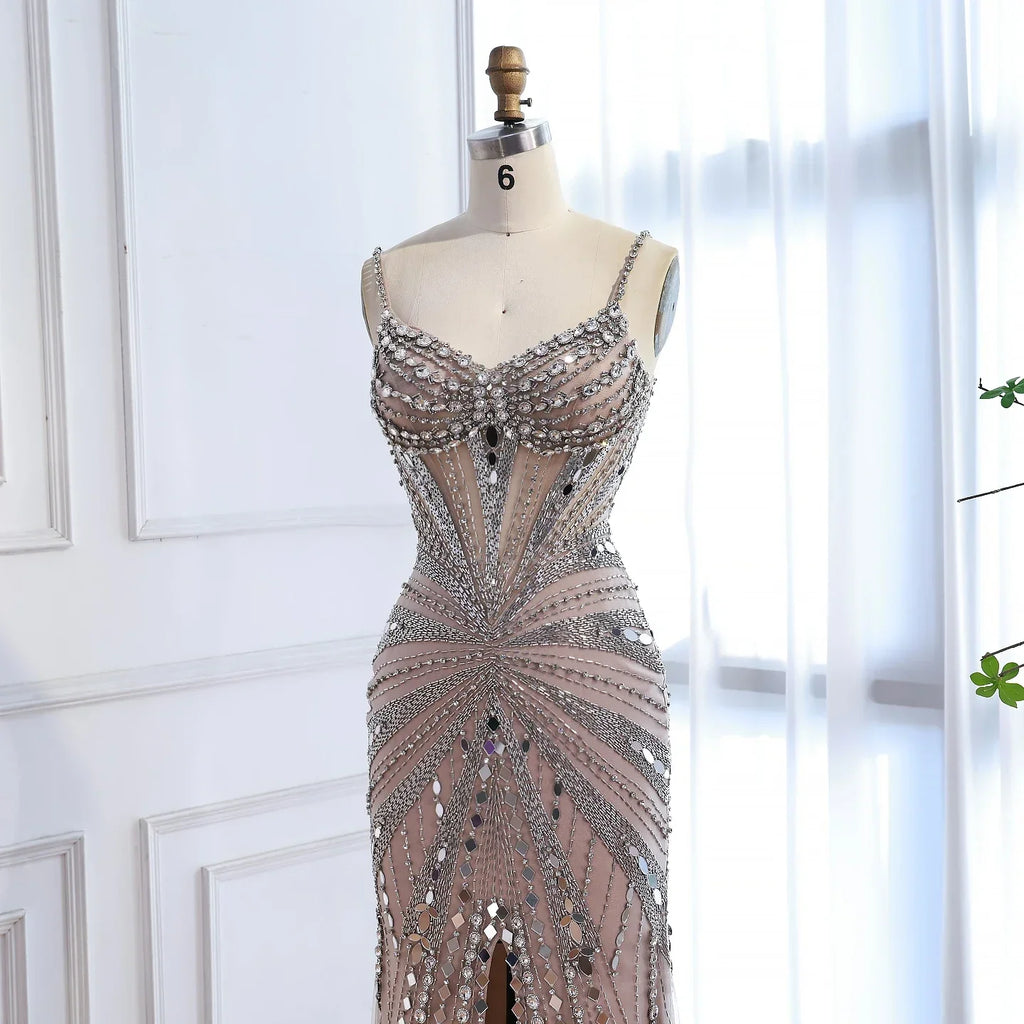 Vestido de Fiesta Sirena Corsé Nude de Lujo con Cuentas LA72803A