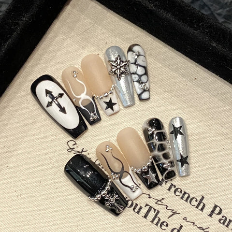 10pcs Punk Style Handmade Fake Nails Y2k Black Sliver Metal Chain Decors Press On Nails Medium Coffin Detachable Manicure Art