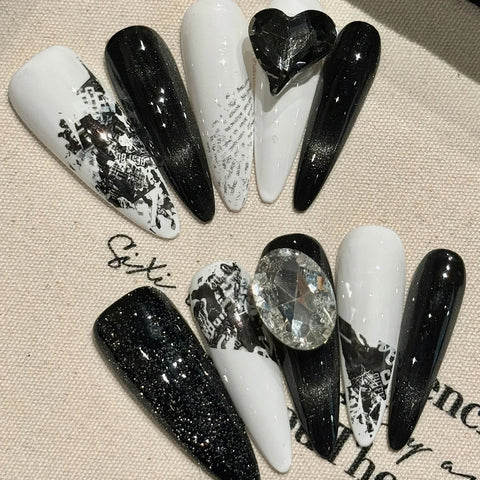 10 Stück handgefertigte Press-On-Nägel, dunkelschwarz, langer Stiletto, 3D-Schleifen, Strass-Dekor, künstliche Nägel, süße, coole Maniküre für Frauen 