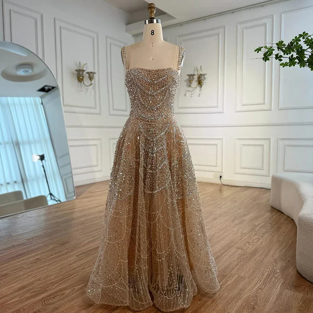 Vestido de noche de lujo estilo A con perlas y cristales