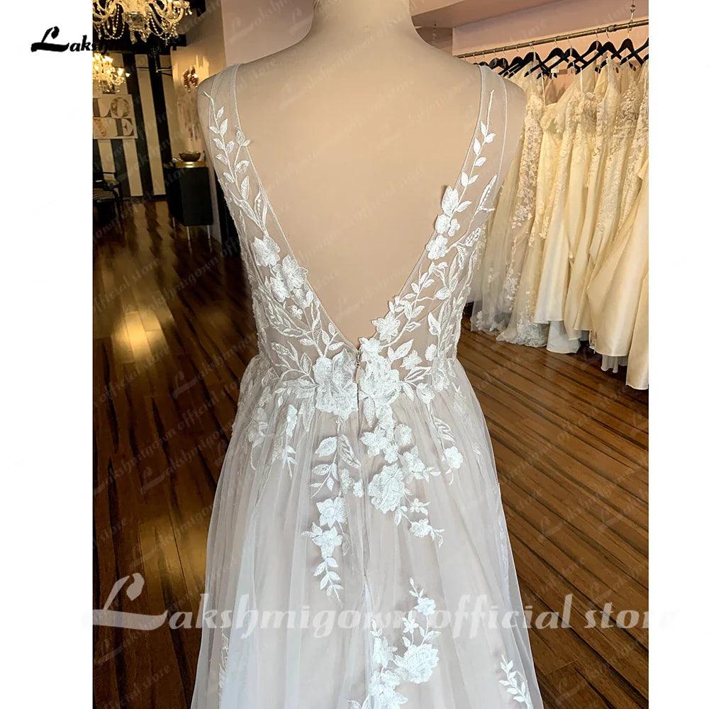 Vestido de novia NumberSea estilo bohemio con encaje floral, sin espalda, para playa, para mujer, 2025 