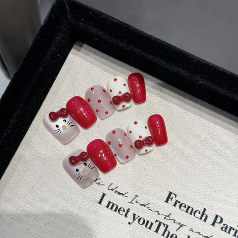 10pcs Short Ladder Handmade False Nails Hand-painted Sweet Cat French Blush Fake Nail With Pink Stereo Bowknots Press On Nail