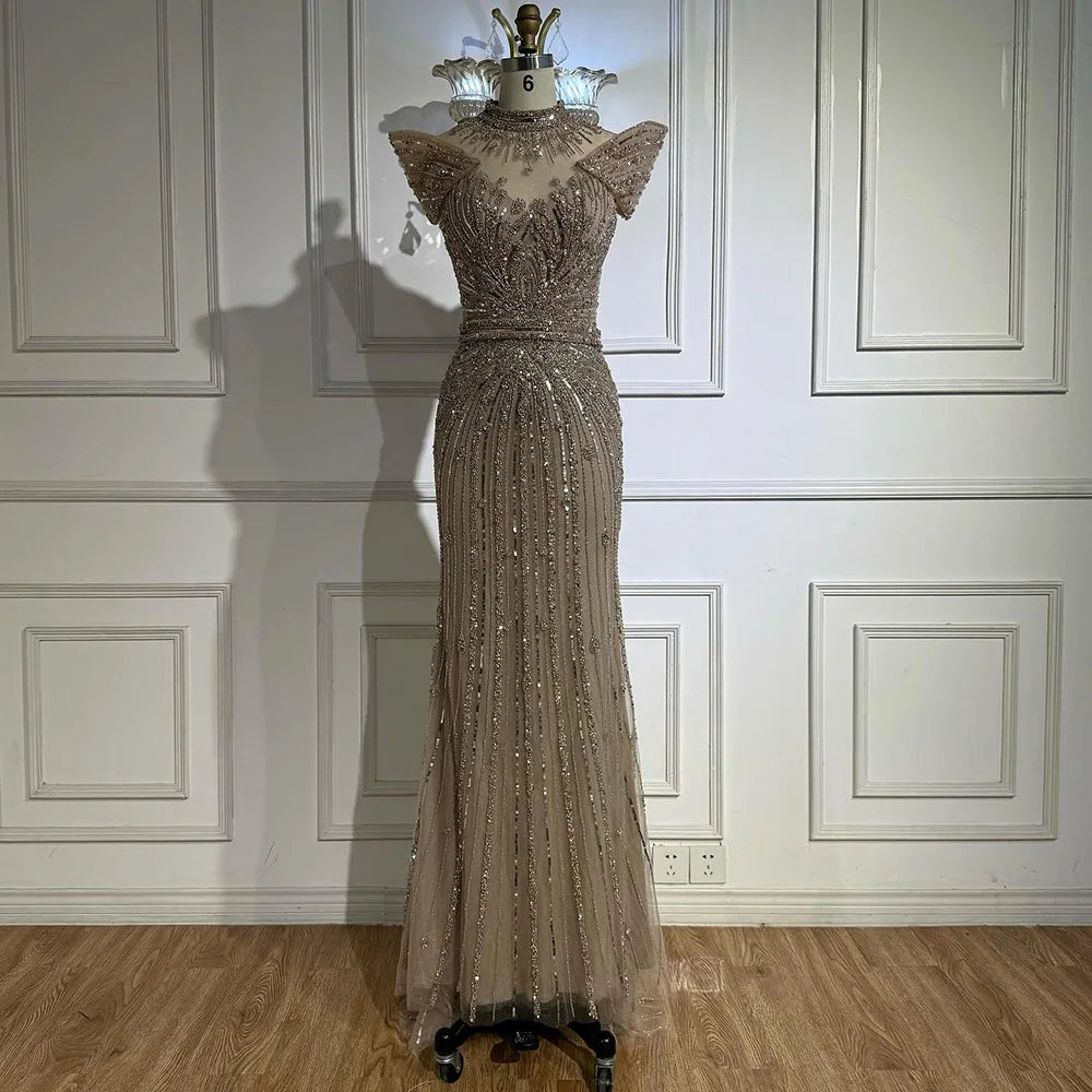 Vestido de Noche de Lujo Color Caramelo Sirena con Cuentas LA73082