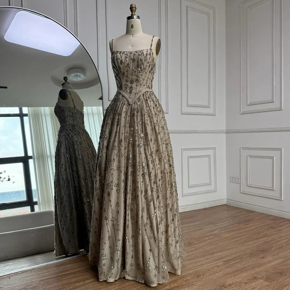 Luxury Sage Green Beaded A-Line Spaghetti Strap Evening Dress