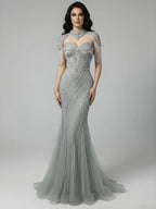 Vestido de Noche Sirena con Cuentas Color Nude de Lujo y Cuello Alto LA72897