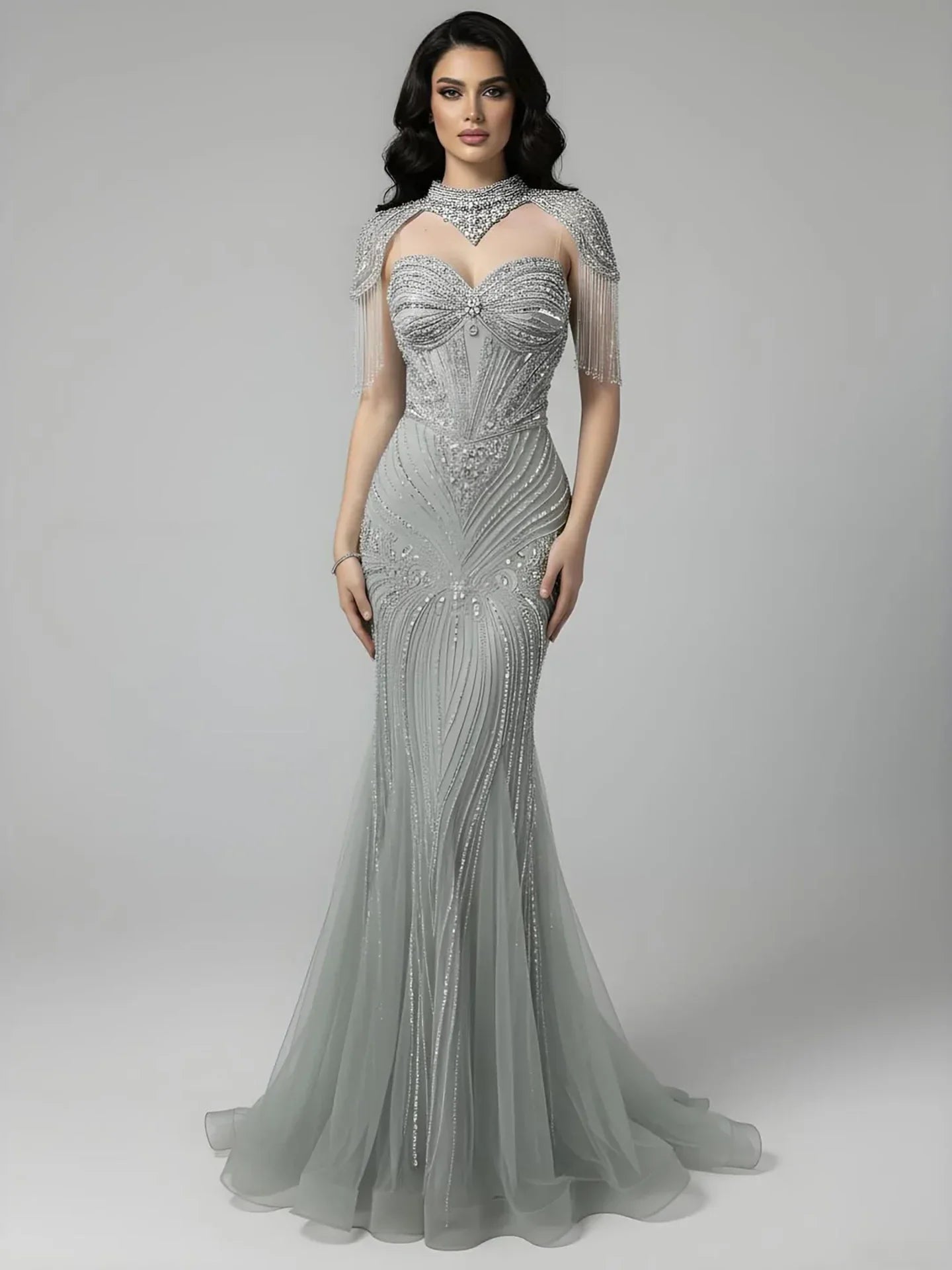 Vestido de Noche Sirena con Cuentas Color Nude de Lujo y Cuello Alto LA72897