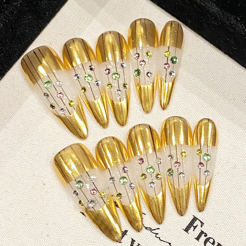 10pcs Handmade Gold False Nails Light Luxuru Press On Nails With Flash Diamond Designs Detachable Long Almond Fake Nail Patches