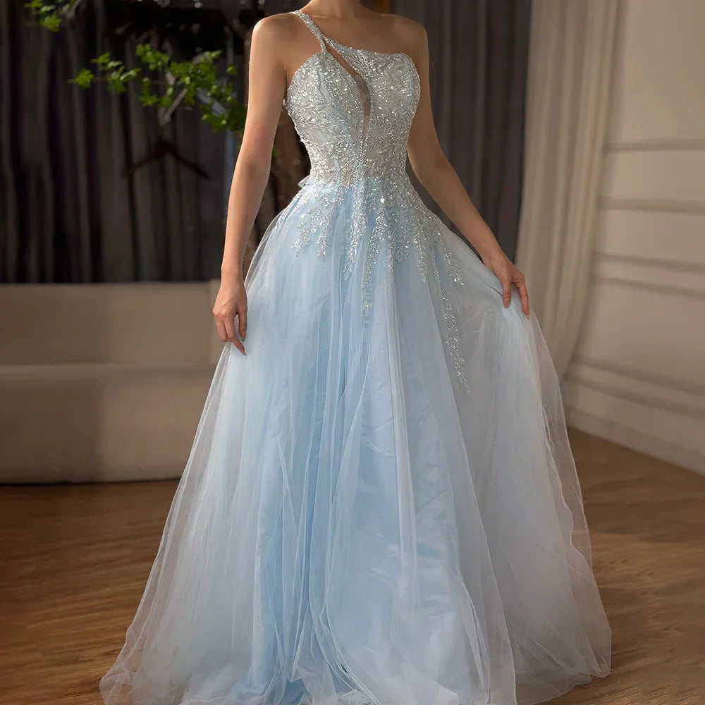 Serene Hill Blaues Spaghettiträger A-Linien One-Shoulder Ballkleid