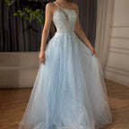 Serene Hill Blaues Spaghettiträger A-Linien One-Shoulder Ballkleid