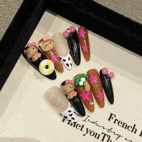 10pcs Pink French Fake Nail Patches Handmade Long Almond Press On Nails Leopard Print Metal Chain Designs False Nail Tips Art