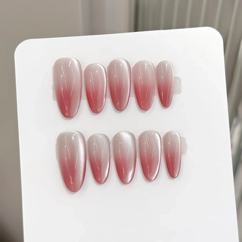 10pcs Gradient Blush Cat's Eye Fake Nail Patches Charming Almond French Style Handmade Press On Nails Ins Simple DIY Manicure