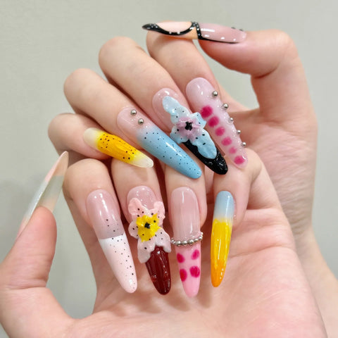 10pcs Summer Dopamine Handmade Fake Nails Hand Ice-carved Large Water Lily Press On Nails Colorful French Long Almond False Nail