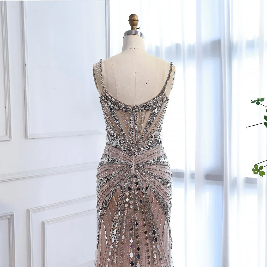 Vestido de Fiesta Sirena Corsé Nude de Lujo con Cuentas LA72803A