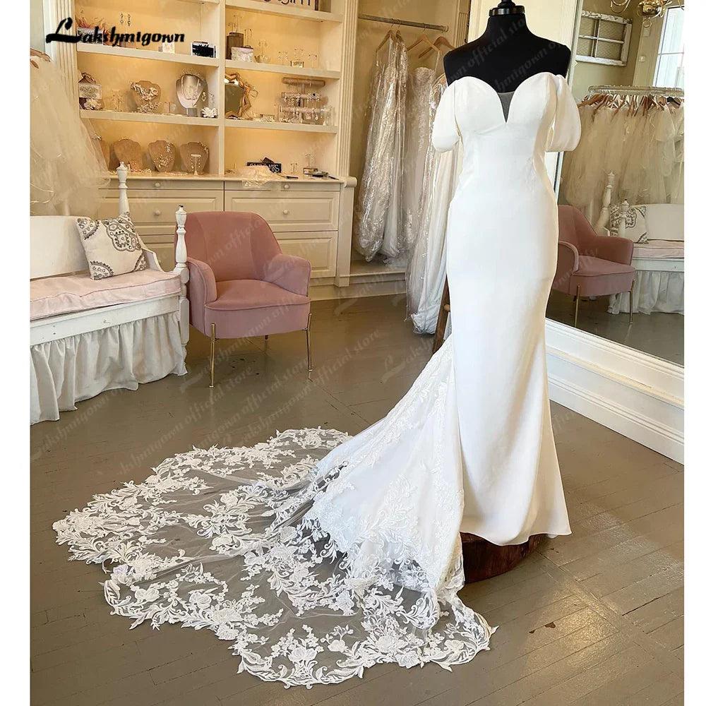 NumberSea Vintage Lace Off the Shoulder Crepe Women Birdal Mermaid Wedding Gowns Wedding Dress Sleevess vestido de festa
