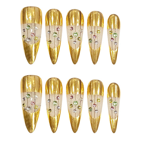 10pcs Handmade Gold False Nails Light Luxuru Press On Nails With Flash Diamond Designs Detachable Long Almond Fake Nail Patches